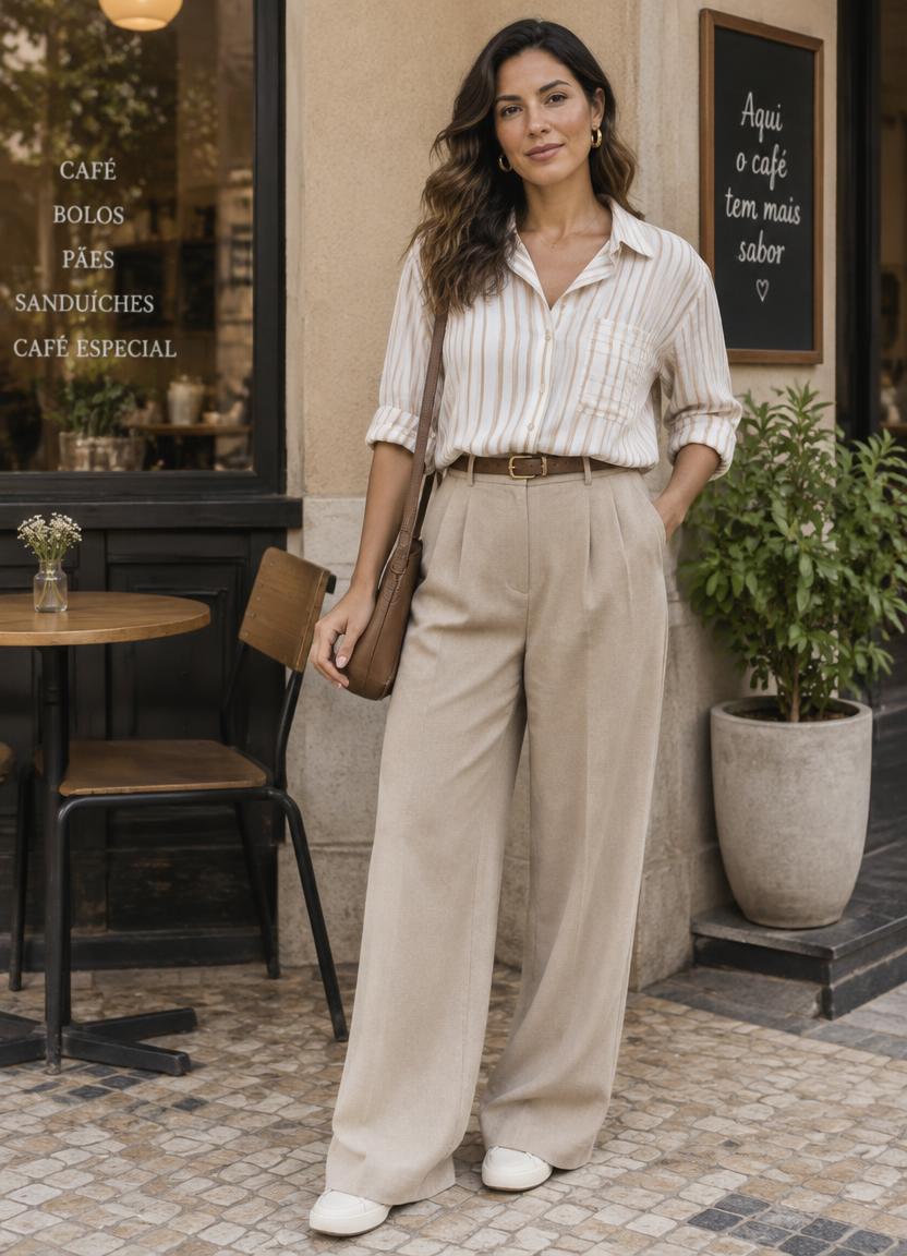Mulher com camisa listrada e calça de alfaiataria