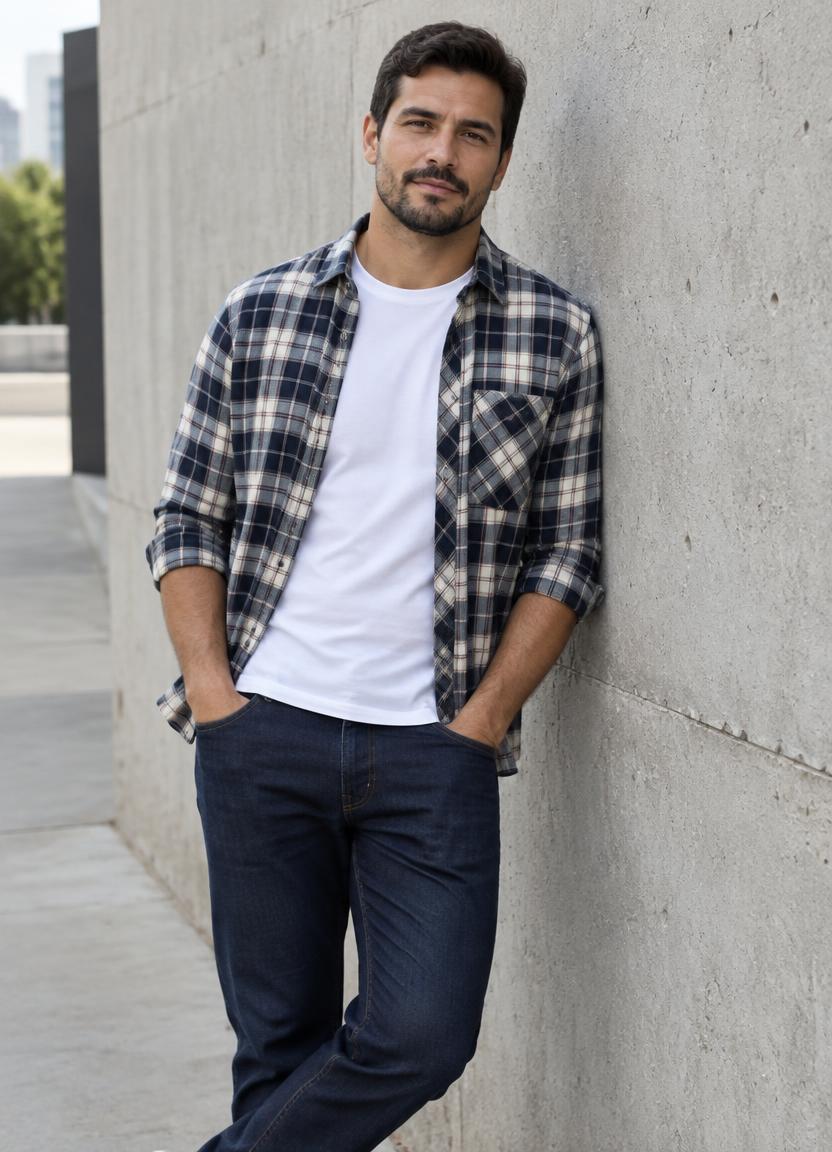 Homem com camiseta branca, camisa xadrez e jeans